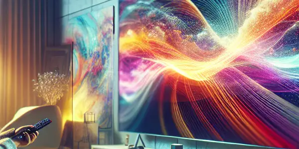 A cozy living room with a viewer enjoying smooth streaming on a high-definition screen, surrounded by technology.