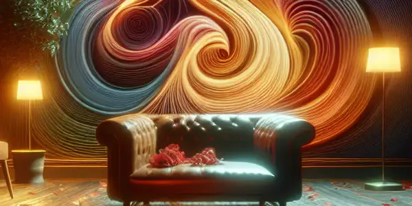 A dimly lit luxurious room with sensual elements, including a velvet sofa, rose petals, and abstract representations of enhanced experiences.