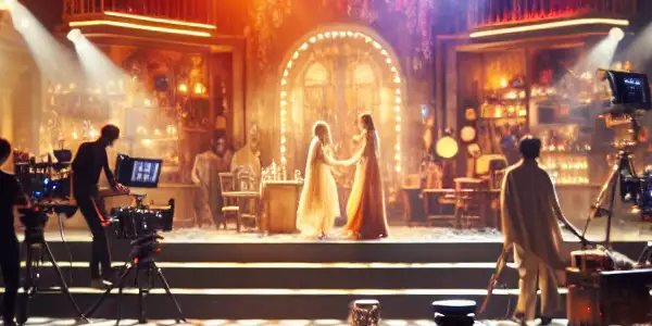 A vibrant Japanese film set featuring actors in a passionate performance, highlighting the theme of enhancement through herbal supplements.