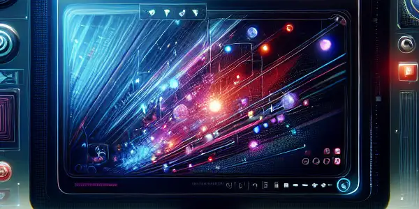 A futuristic digital interface showcasing colorful thumbnails of Japanese adult films in a dimly lit room.