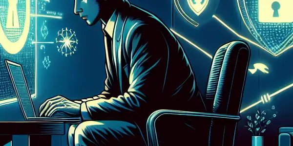 A focused individual in a cozy, dimly lit room, engaged with a computer, surrounded by symbols of online safety.