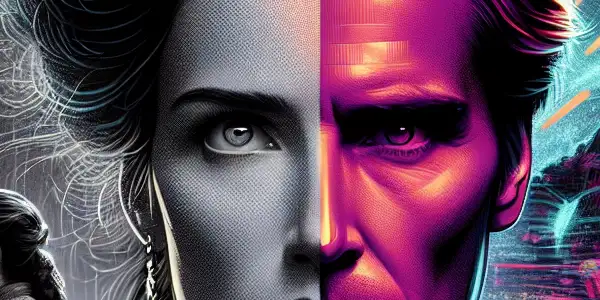 A split scene featuring Charlize Theron in intense moments from "Monster" and dynamic action from "Atomic Blonde."