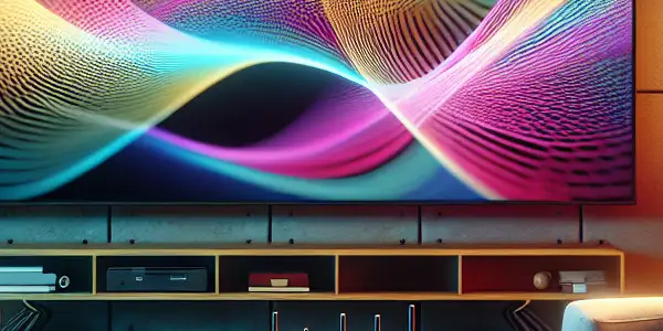 A modern living room with a high-definition screen displaying colorful abstract patterns, emphasizing comfort and technology.