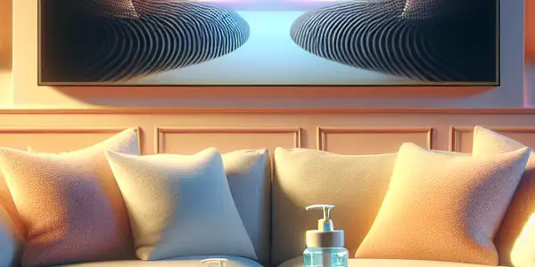 A cozy living room with a comfortable sofa, warm lighting, and a TV displaying abstract patterns, symbolizing curated adult entertainment.