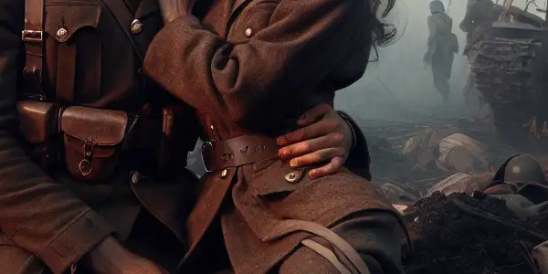 A dramatic World War II battlefield scene featuring soldiers in vintage uniforms engaged in an intimate moment amidst chaos.