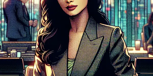 A stylish young woman in a modern Japanese office, surrounded by paperwork and a vibrant cityscape.