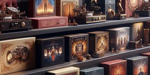 A sophisticated display of curated adult entertainment packaging, featuring colorful boxes and inviting decor.