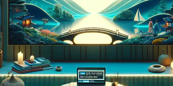 A serene modern viewing area for adult films, emphasizing hygiene and safety with cozy decor and abstract themes.