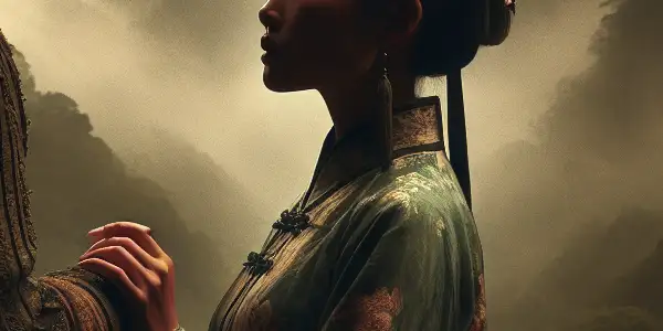 A tense interaction between a male soldier and a female figure in a misty Xiangxi landscape.