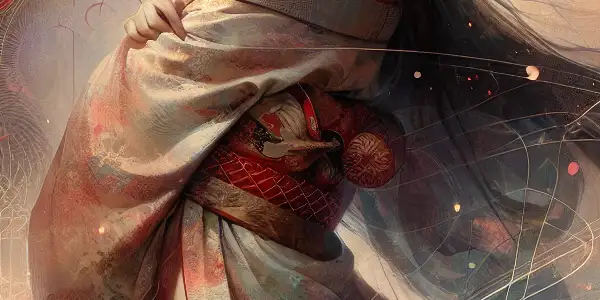 A captivating poster featuring a beautiful Japanese woman in a kimono, surrounded by cherry blossoms and romantic motifs.