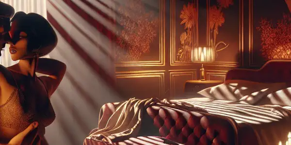 A dimly lit, luxurious bedroom with a couple expressing intense emotion, surrounded by intimate details and shadows.